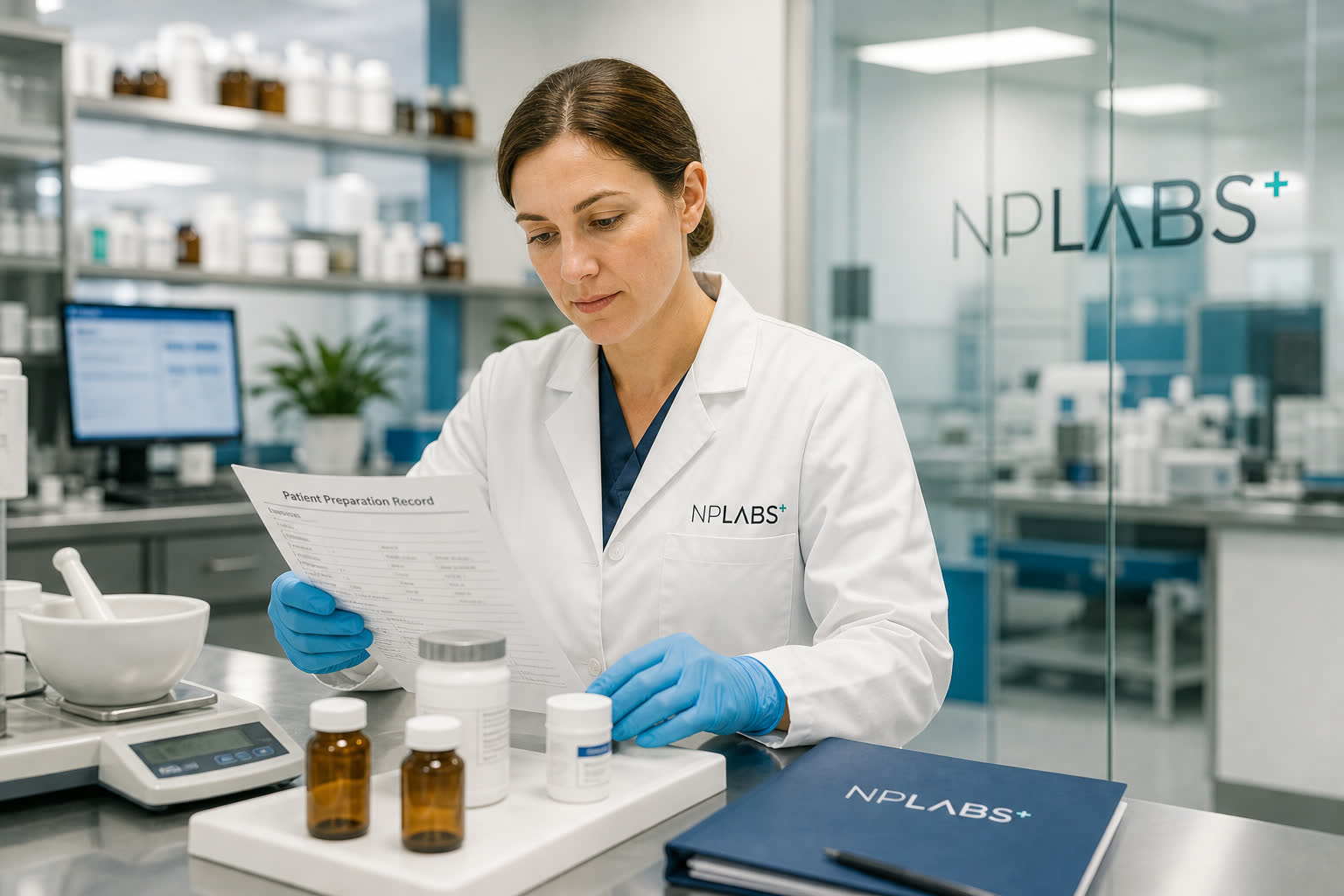 NPLabs pharmacist reviewing preparation records in the lab