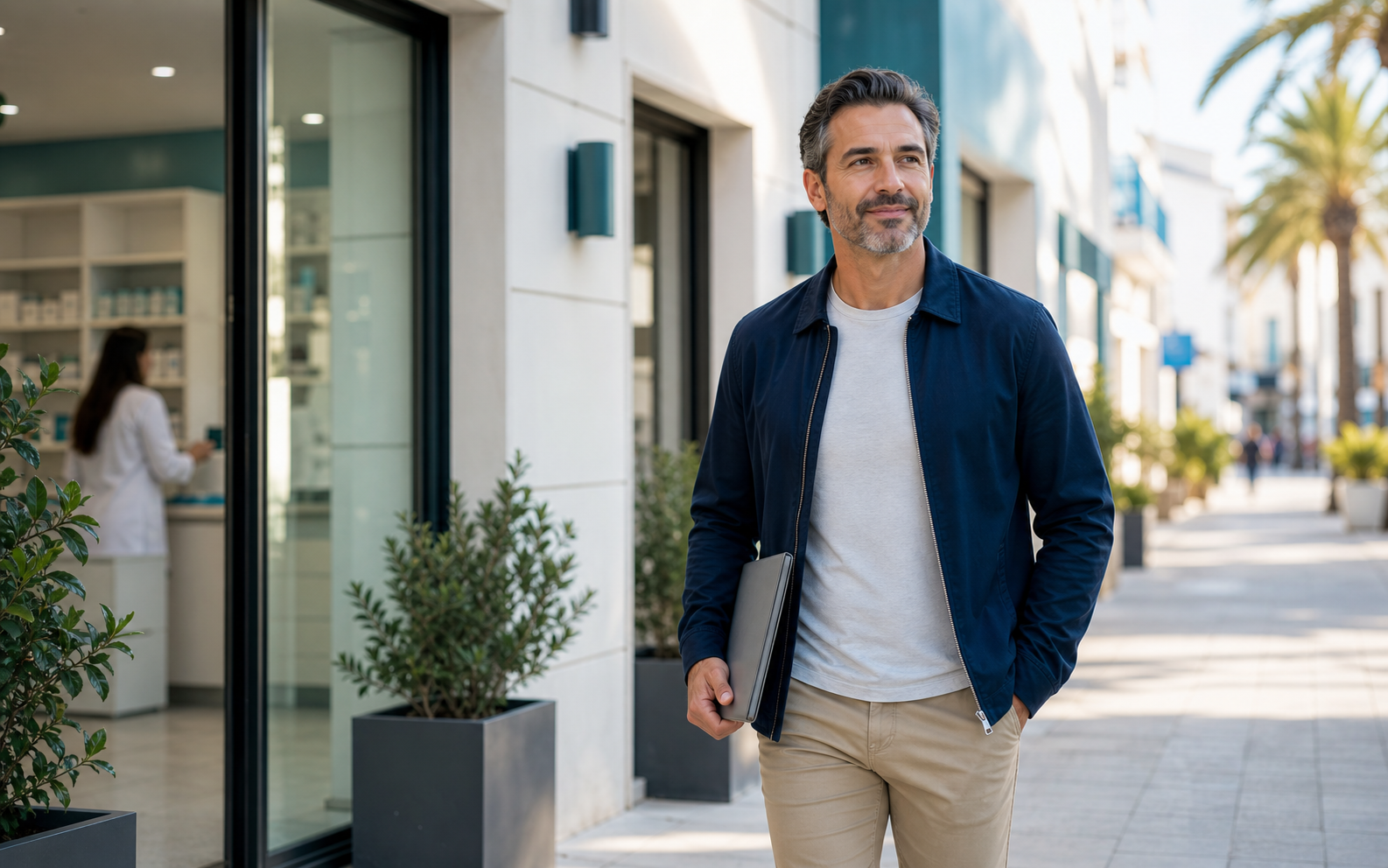 Adult man leaving a modern pharmacy service setting with a folder