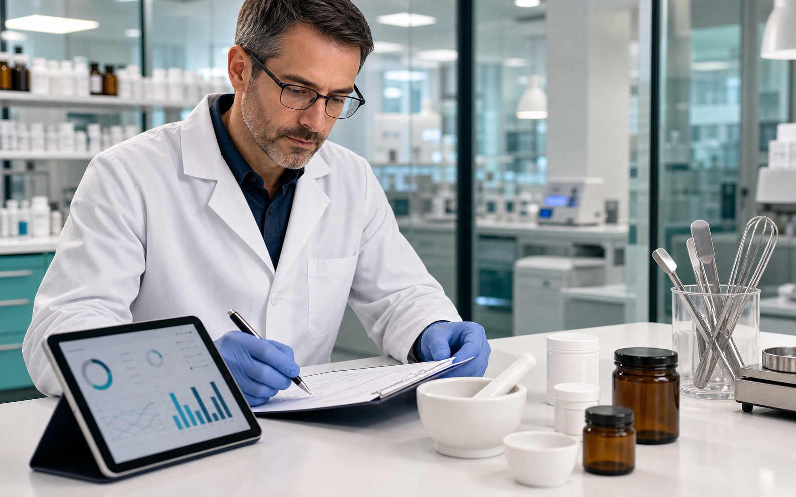 Pharmacist reviewing dosage-form details in a compounding pharmacy
